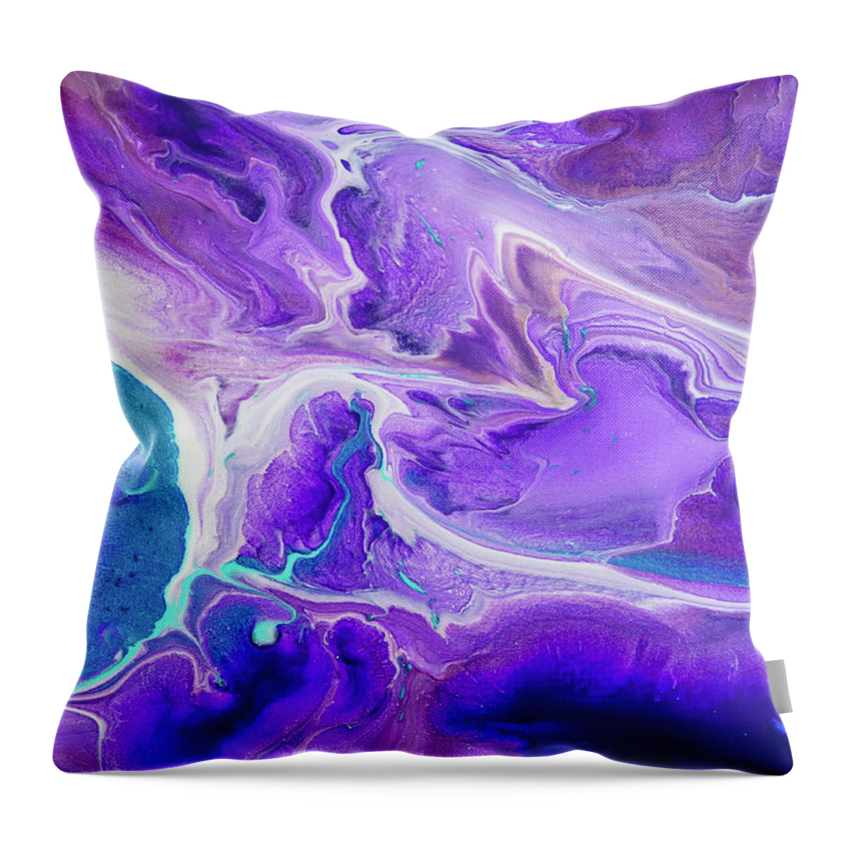 Jenny Rainbow Fine Art Photography Throw Pillow featuring the painting Turquoise and Purple Flows. Vertical. Abstract Fluid Acrylic Painting by Jenny Rainbow
