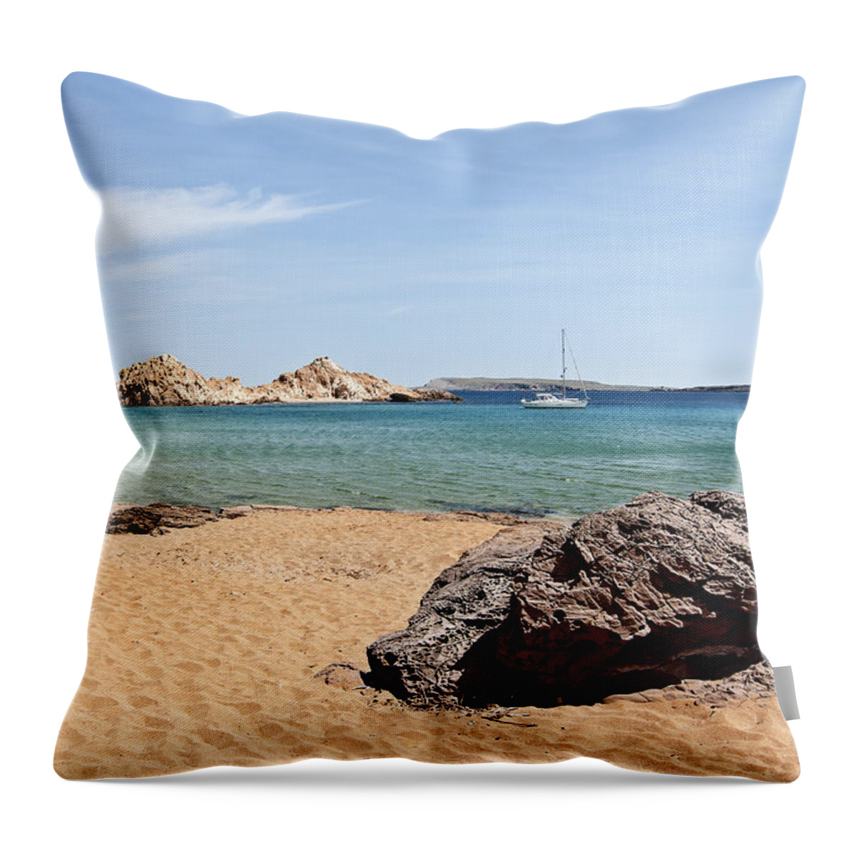 Beach Throw Pillow featuring the photograph turquoise kingdom 2 alone in paradise of Pregonda beach in Minorca island by Pedro Cardona Llambias