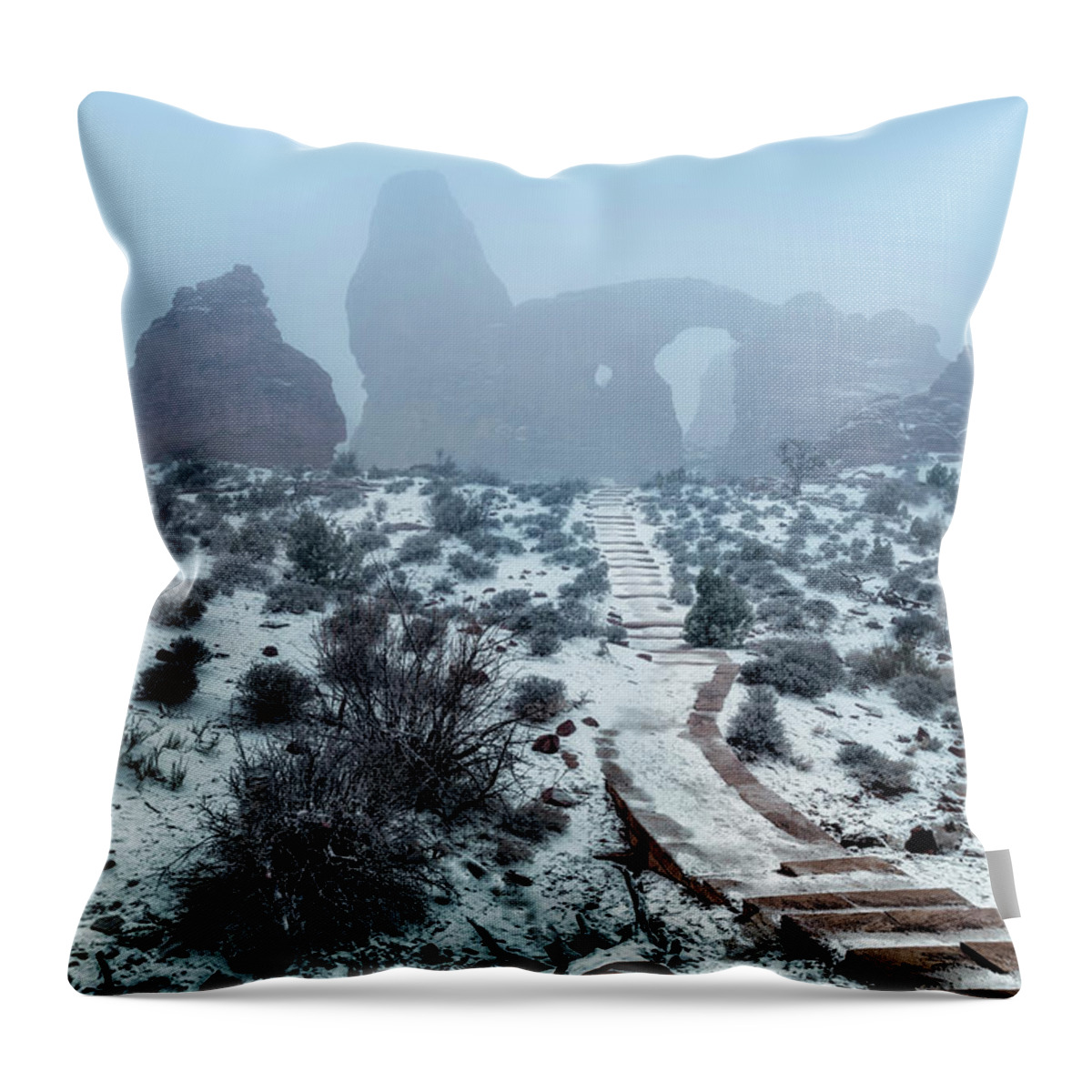 Turret Arch Throw Pillow featuring the photograph Turret Arch in the Fog by Michael Ash