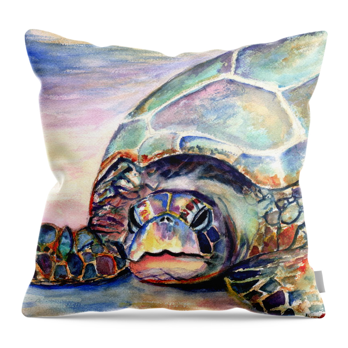 Turtle Throw Pillow featuring the painting Turtle at Poipu Beach by Marionette Taboniar