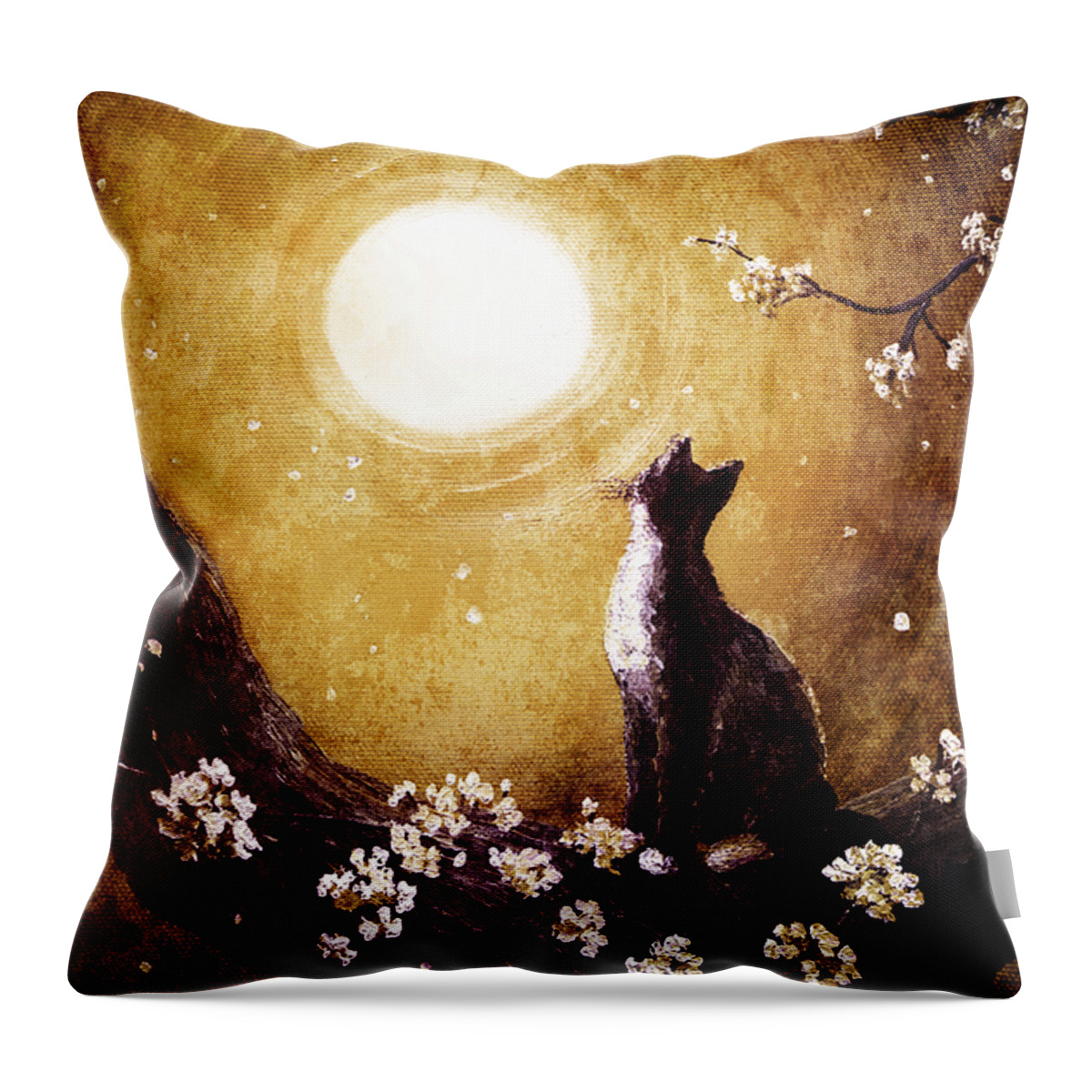 Tuxedo Cat Throw Pillow featuring the digital art Tuxedo Cat in Golden Cherry Blossoms by Laura Iverson