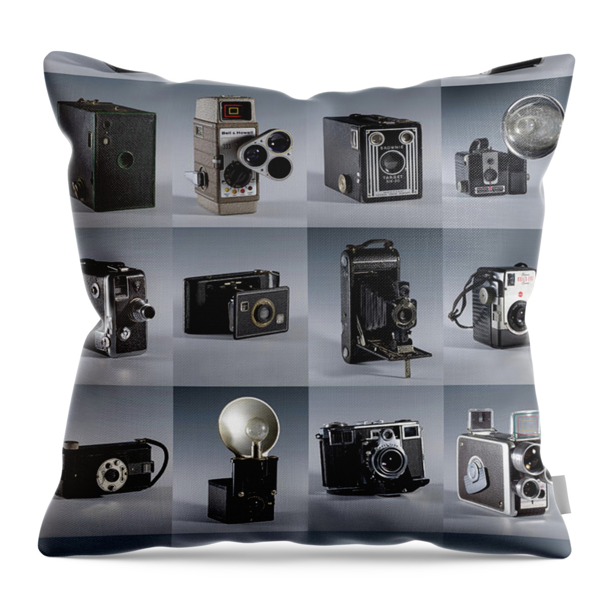 Old Camera Throw Pillow featuring the photograph Twenty Old Cameras - Color by Art Whitton