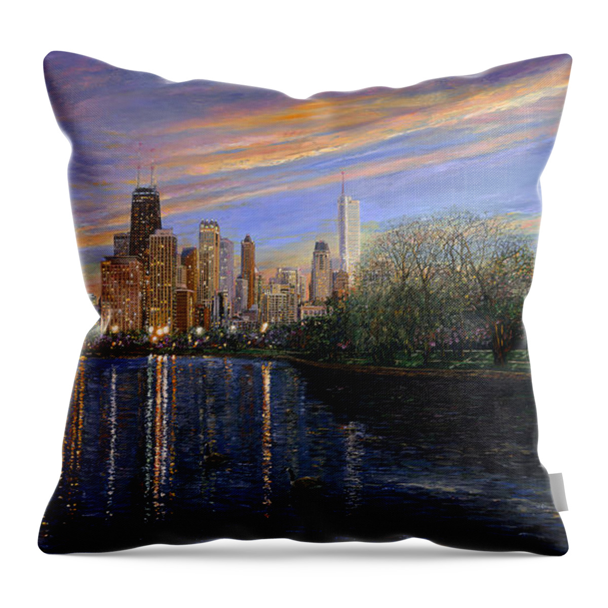 Chicago Evening Skyline Throw Pillow featuring the painting Twilight Serenity by Doug Kreuger