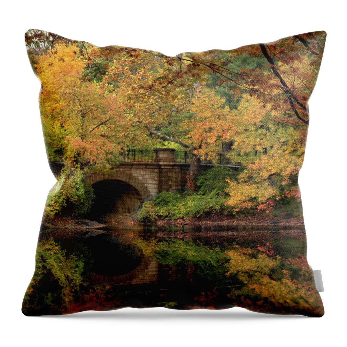 Autumn Throw Pillow featuring the photograph Twin Lake Bridge by Jessica Jenney