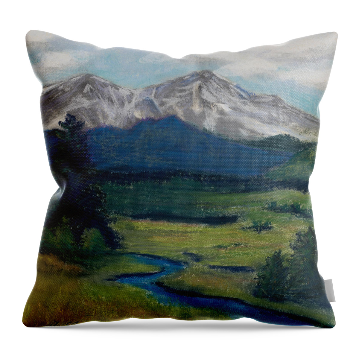 Snow Throw Pillow featuring the pastel Twin Peaks by Mary Benke