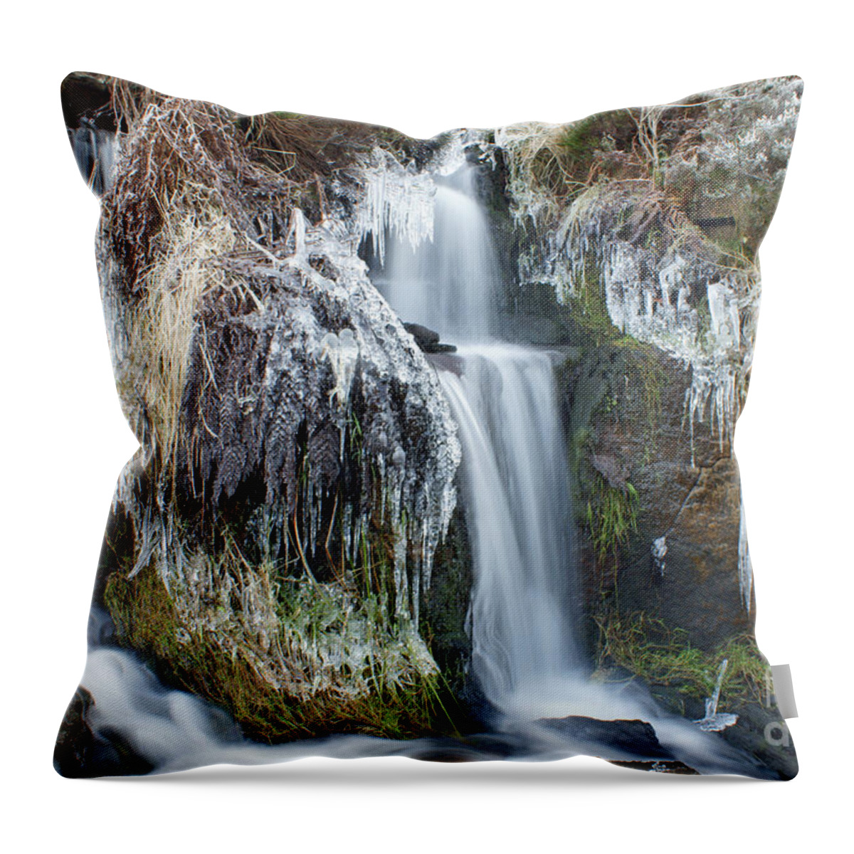 Winter Throw Pillow featuring the photograph Twin Winter Waterfalls by David Birchall
