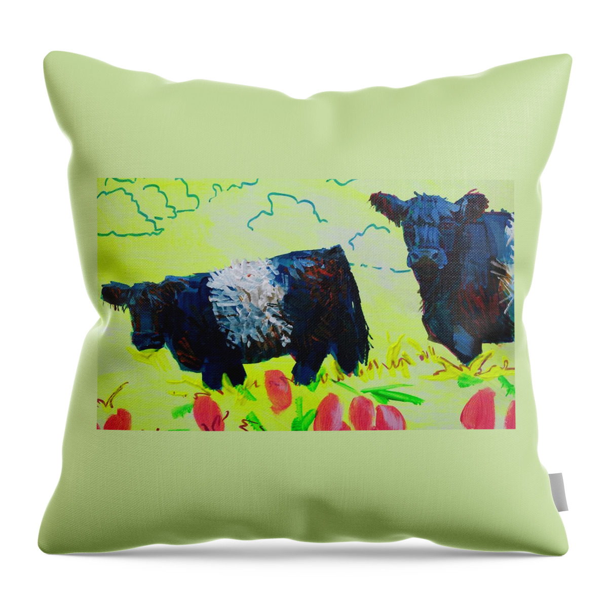 Belted Galloway Cows Throw Pillow featuring the painting Two Belted Galloway Cows Looking At You by Mike Jory
