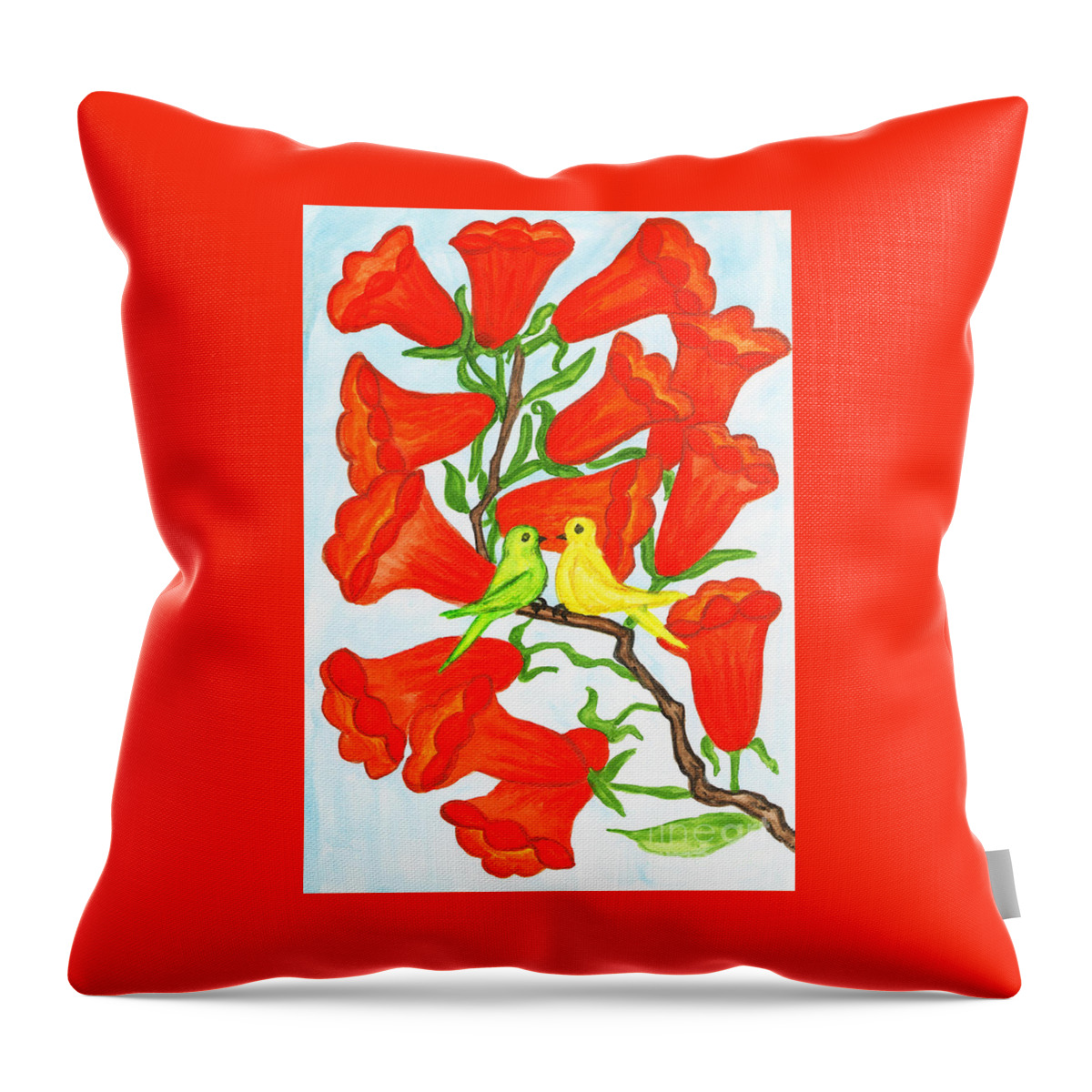 Art Throw Pillow featuring the painting Two birds on branch with flowers Campsis by Irina Afonskaya