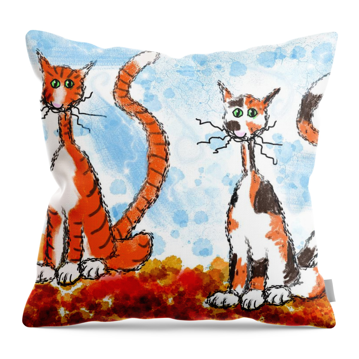 Two Throw Pillow featuring the digital art Two Cats in the Fall by Debra Baldwin