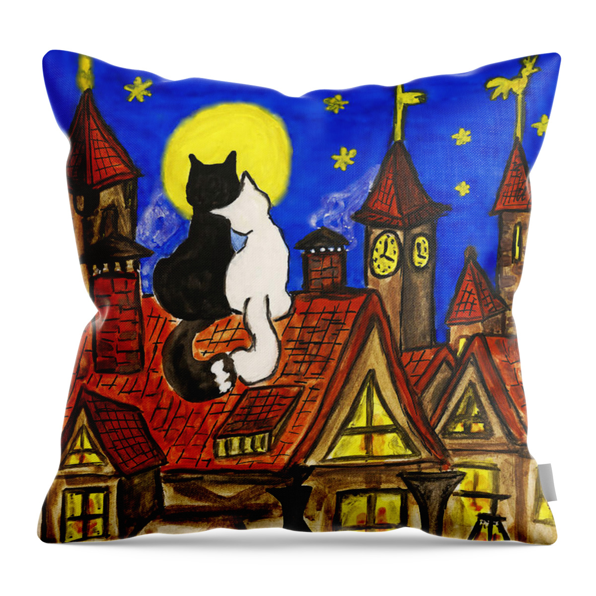 Animal Throw Pillow featuring the painting Two cats on the roof by Irina Afonskaya