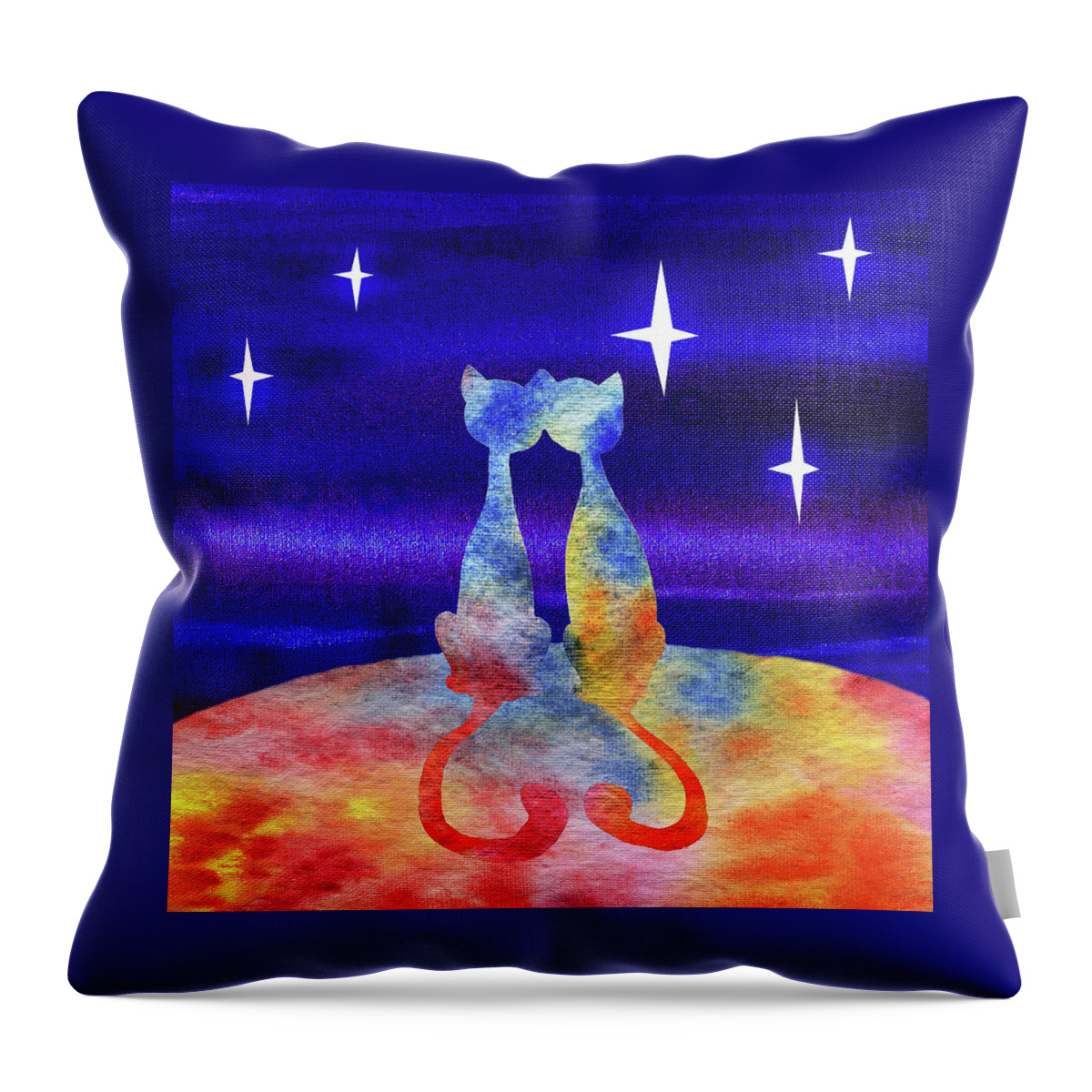 Two Cats Starry Night Silhouette Throw Pillow featuring the painting Two Cats Starry Night Silhouette by Irina Sztukowski