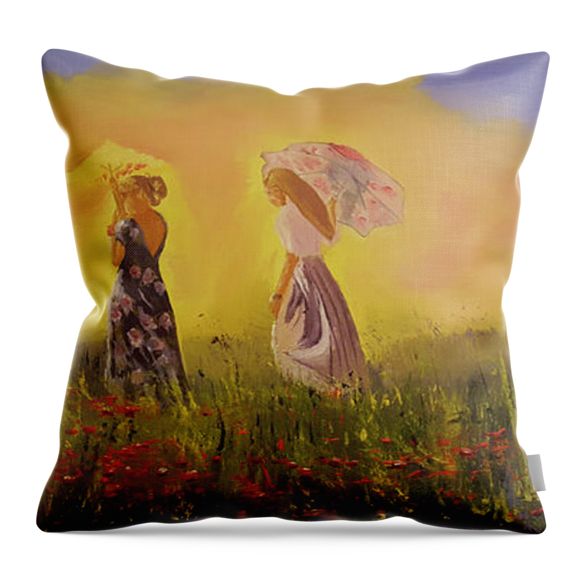  Impressionist Throw Pillow featuring the painting Two Friends Walking In The Field by Russell Collins