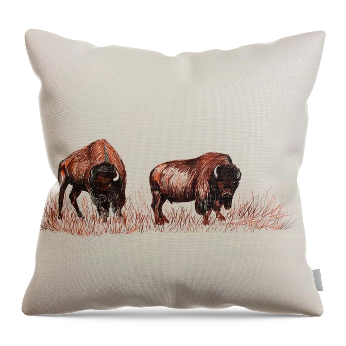 Bison Throw Pillow featuring the drawing Two Grumpy Bisons by Ellen Canfield