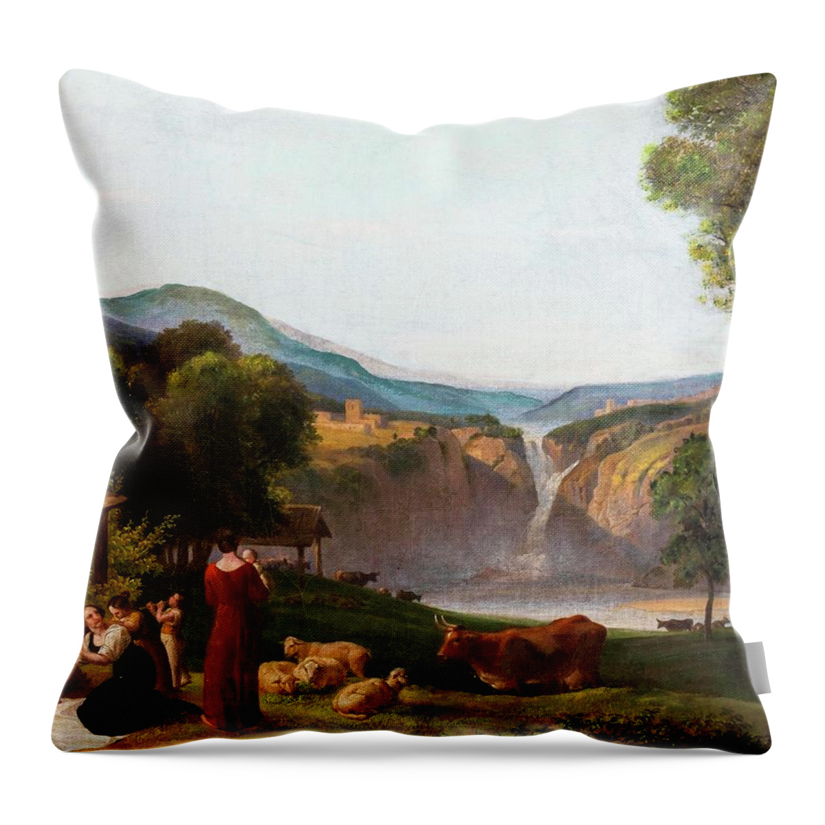 Friedrich Philipp Reinhold (gera 1779-1840 Vienna) Throw Pillow featuring the painting Two mothers with children before heroic landscape with waterfall by Friedrich Philipp