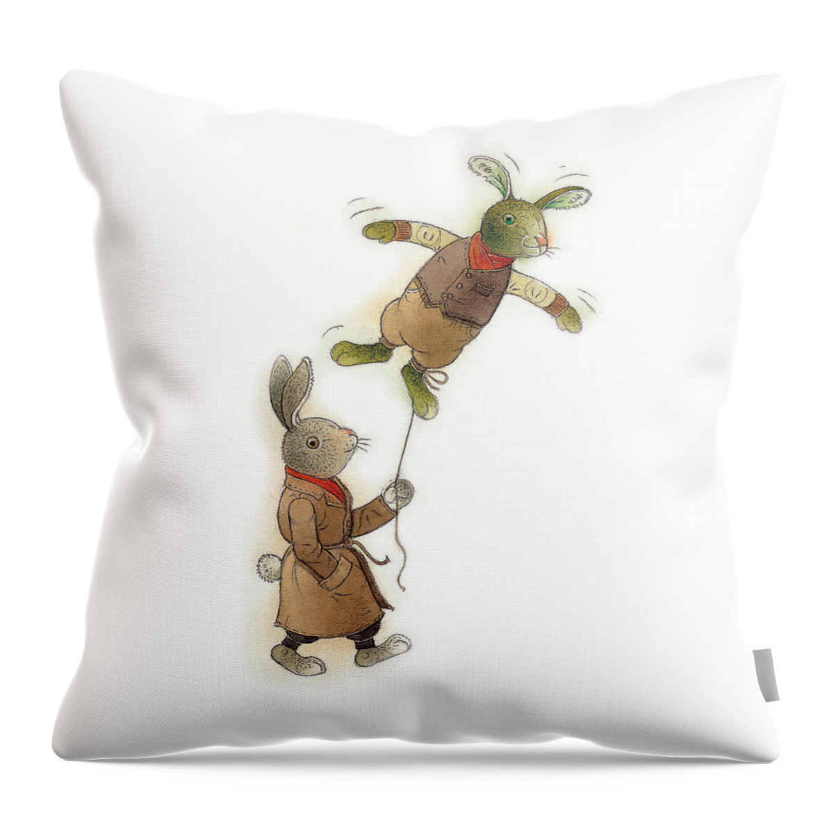 Rabbit Animals Flying Green Spring Throw Pillow featuring the painting Two Rabbits 02 by Kestutis Kasparavicius