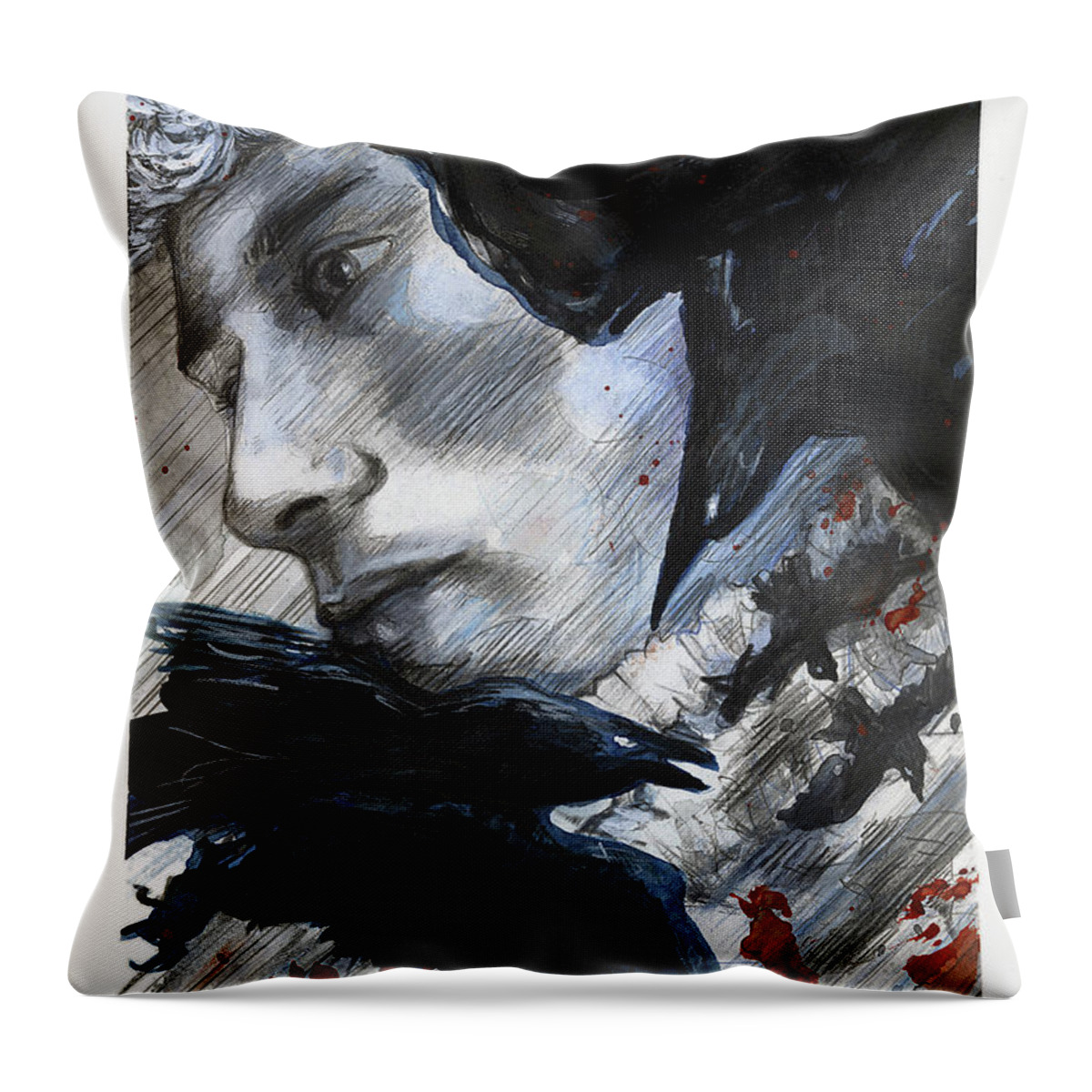 Crows Throw Pillow featuring the painting Two Ravens Bringing Blood To The Skies by Rene Capone