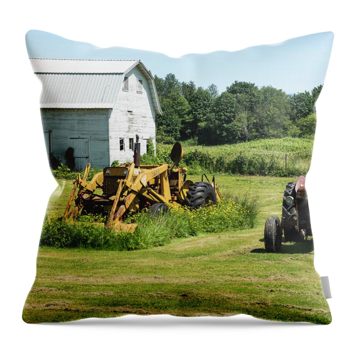 Two Tractors And Barn In Nooksack Throw Pillow featuring the photograph Two Tractors and Barn in Nooksack by Tom Cochran