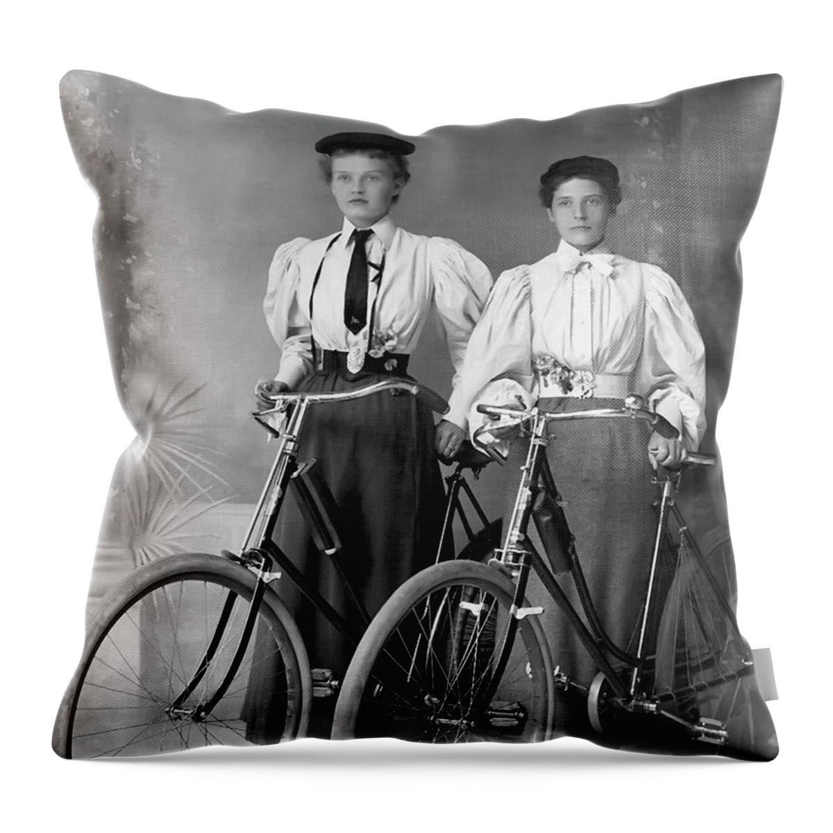 Gift Throw Pillow featuring the photograph Two Young Ladies with their Bicycles circa 1895 by Anthony Murphy