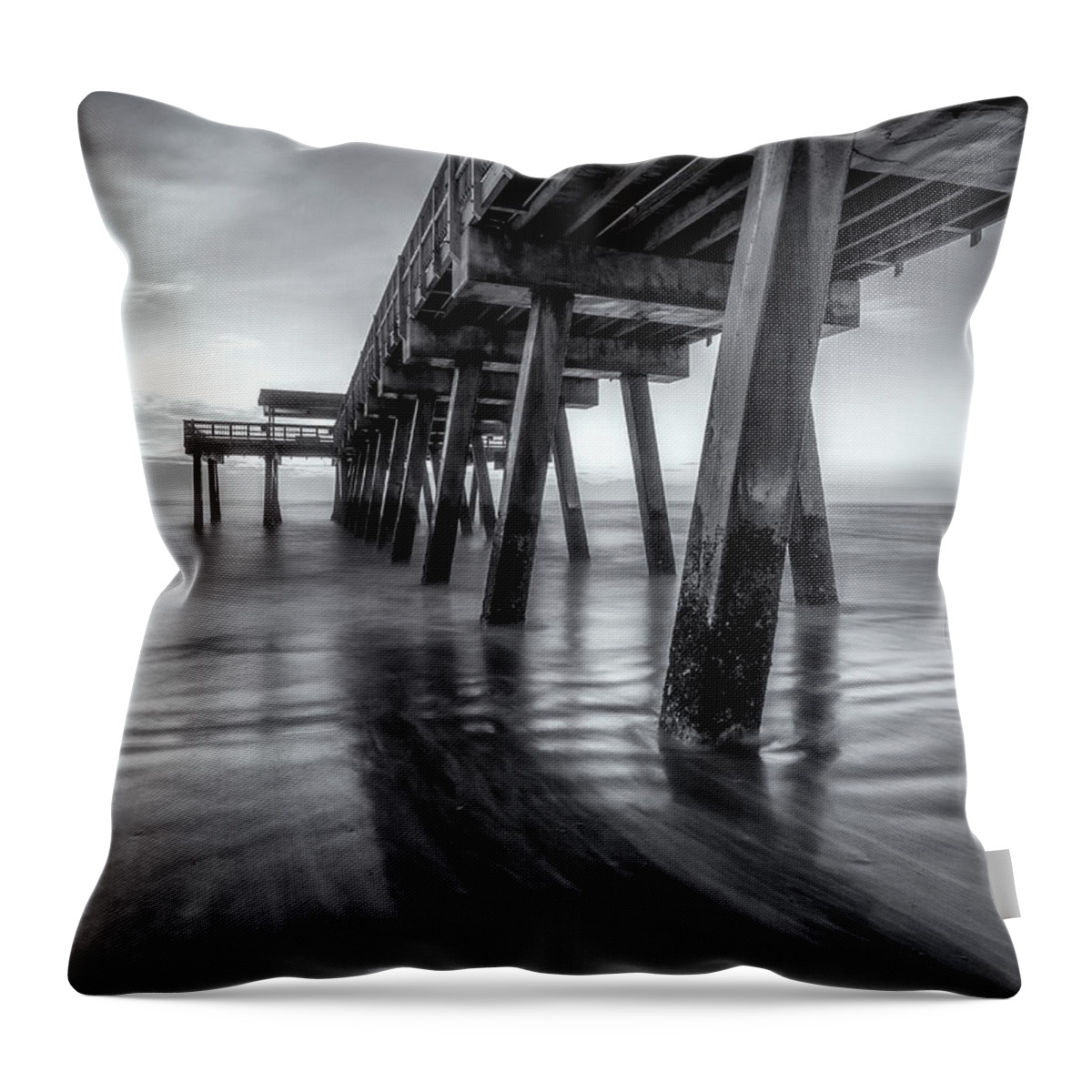 Savannah Throw Pillow featuring the photograph Tybee Pier Black and White by Matt Hammerstein