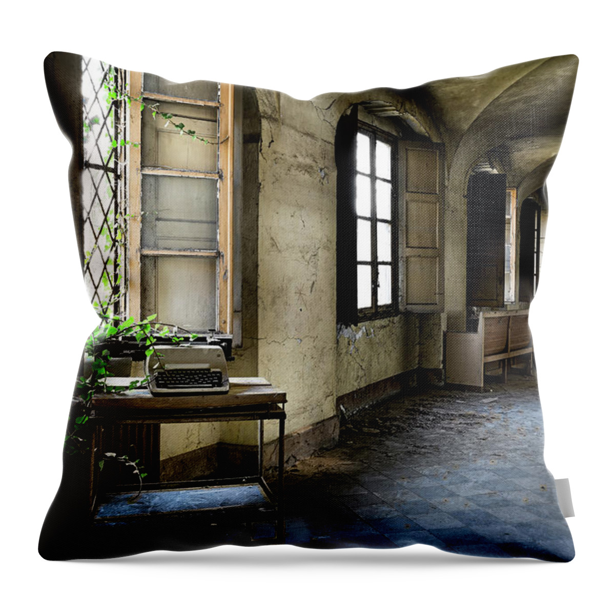 Abandoned Throw Pillow featuring the photograph Typewriter Story Of Abandoned Building - Urbex Exploration by Dirk Ercken