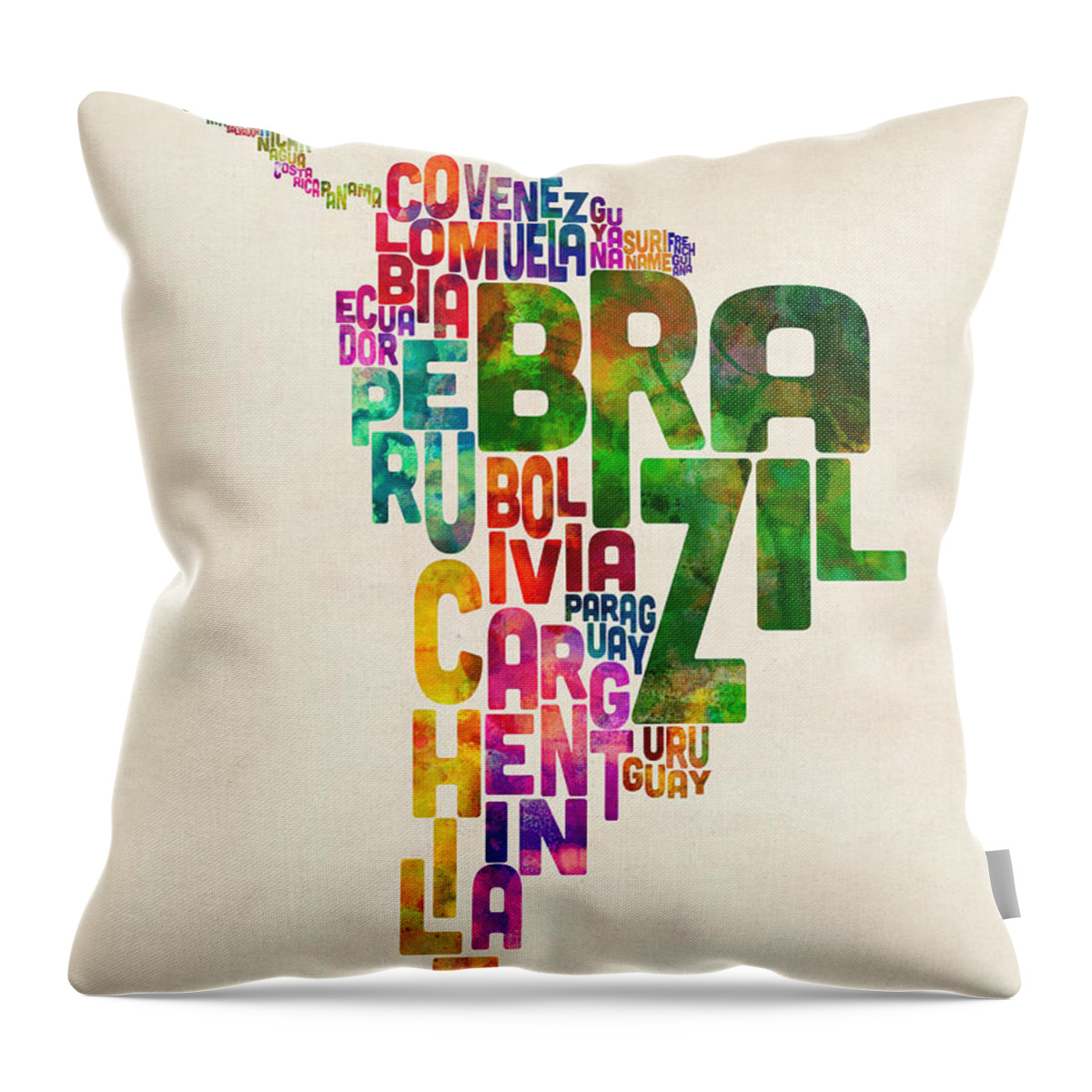 South America Map Throw Pillow featuring the digital art Typography Map of Central and South America by Michael Tompsett