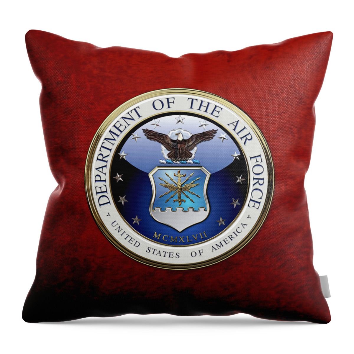 'military Insignia 3d' By Serge Averbukh Throw Pillow featuring the digital art U. S. Air Force - U S A F Emblem over Red Velvet by Serge Averbukh