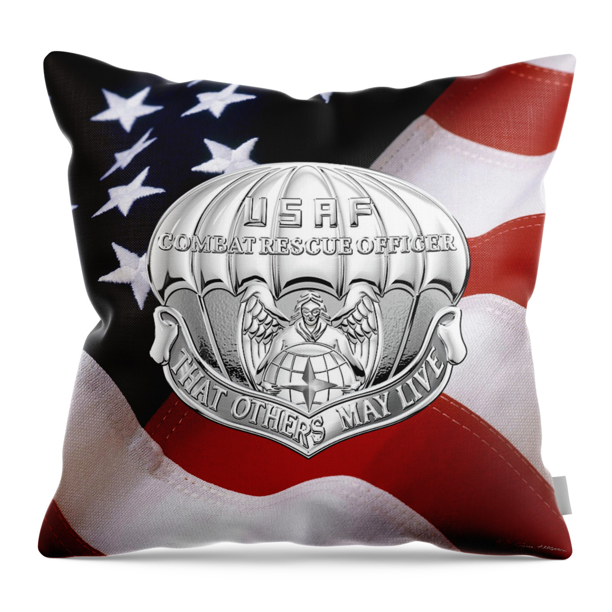 'military Insignia & Heraldry' Collection By Serge Averbukh Throw Pillow featuring the digital art U. S. Air Force Combat Rescue Officer - C R O Badge over American Flag by Serge Averbukh