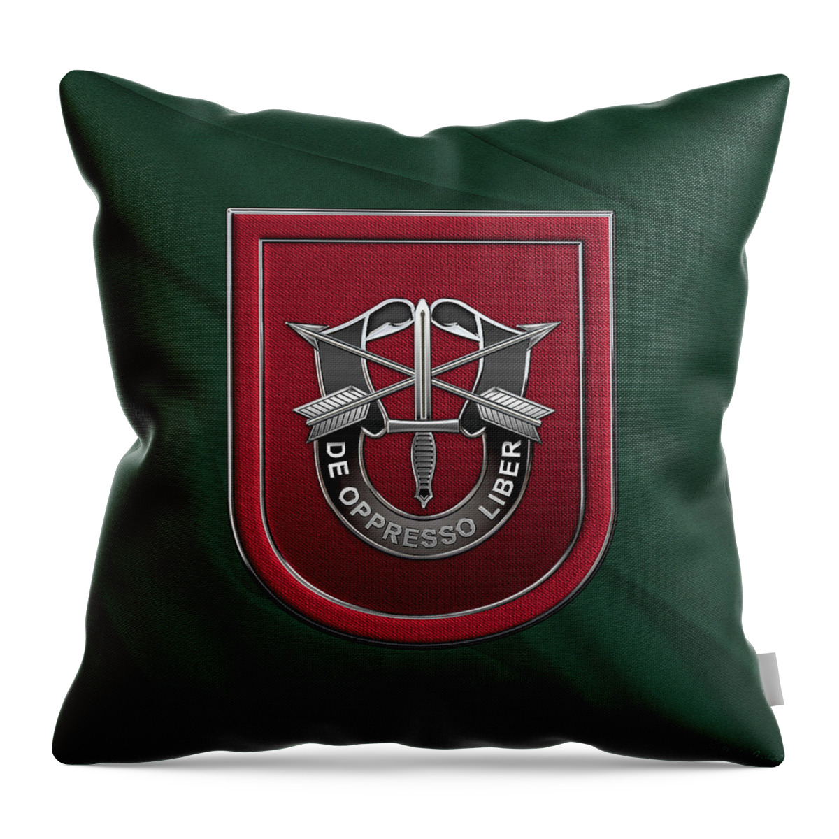 'u.s. Army Special Forces' Collection By Serge Averbukh Throw Pillow featuring the digital art U. S. Army 7th Special Forces Group - 7 S F G Beret Flash over Green Beret Felt by Serge Averbukh