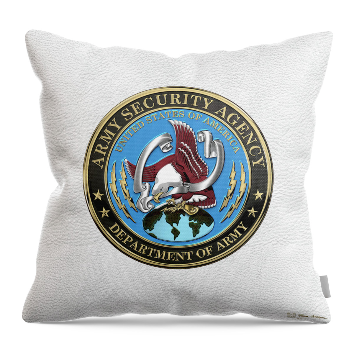 ‘military Insignia 3d’ Collection By Serge Averbukh Throw Pillow featuring the digital art U. S. Army Security Agency - A S A Emblem over White Leather by Serge Averbukh