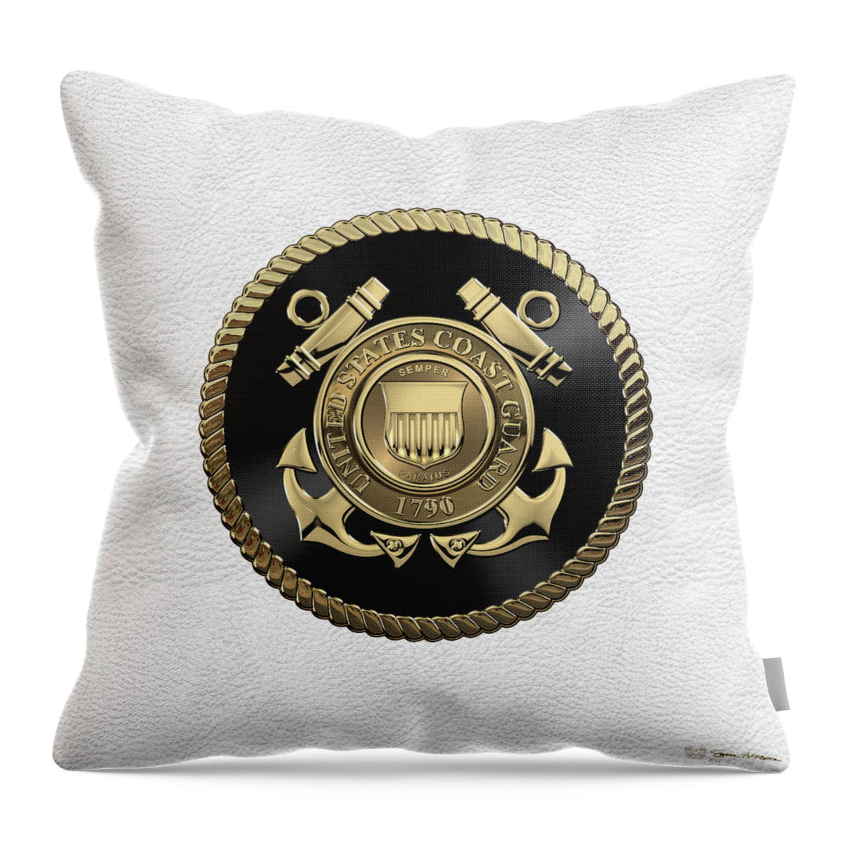 'military Insignia & Heraldry' Collection By Serge Averbukh Throw Pillow featuring the digital art U. S. Coast Guard - U S C G Emblem Black Edition over White Leather by Serge Averbukh