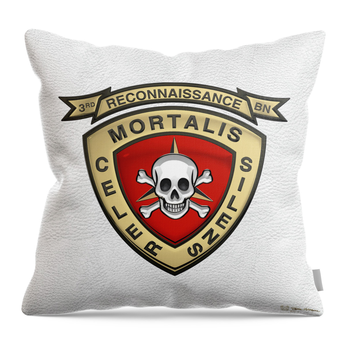 'military Insignia & Heraldry' Collection By Serge Averbukh Throw Pillow featuring the digital art U S M C 3rd Reconnaissance Battalion - 3rd Recon Bn Insignia over White Leather by Serge Averbukh