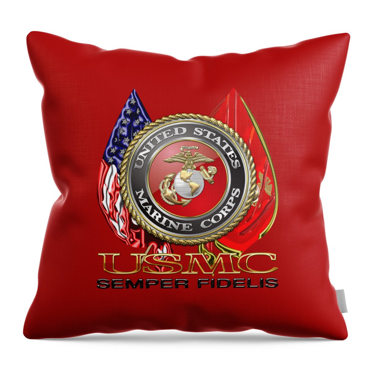 'military Insignia & Heraldry 3d' Collection By Serge Averbukh Throw Pillow featuring the digital art U. S. Marine Corps U S M C Emblem on Red by Serge Averbukh