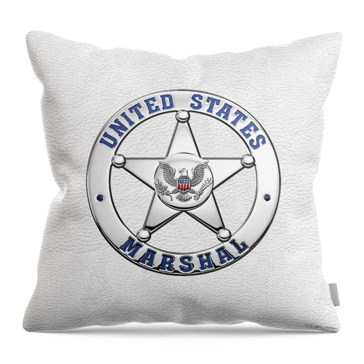 'law Enforcement Insignia & Heraldry' Collection By Serge Averbukh Throw Pillow featuring the digital art U. S. Marshals Service - U S M S Badge over White Leather by Serge Averbukh