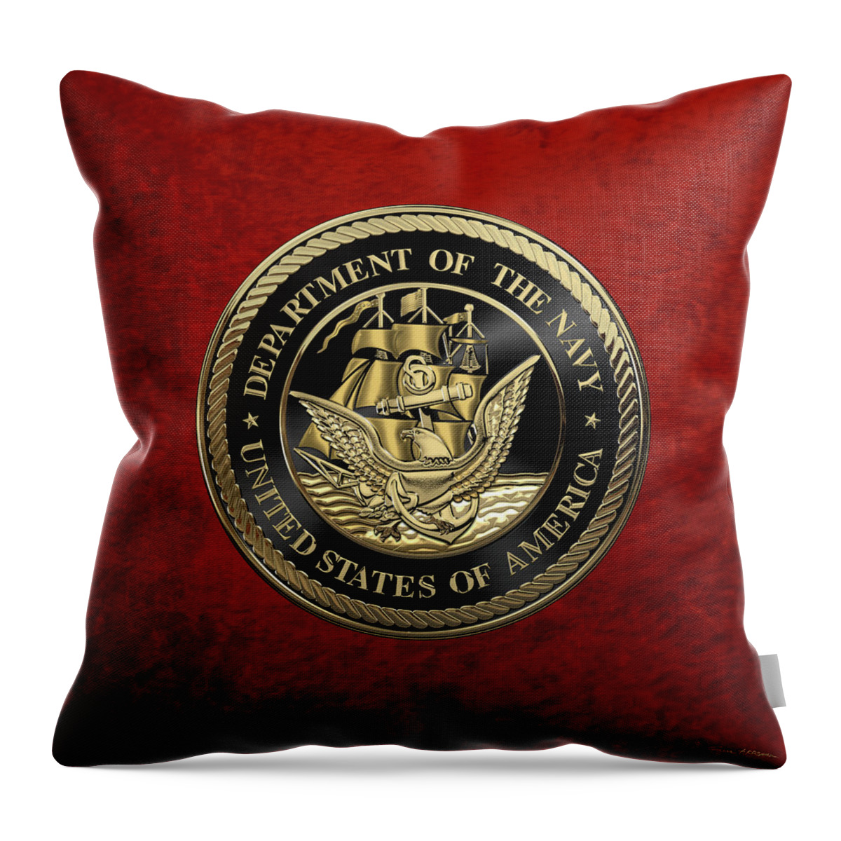 'military Insignia & Heraldry' Collection By Serge Averbukh Throw Pillow featuring the digital art U. S. Navy - U S N Emblem Black Edition over Red Velvet by Serge Averbukh