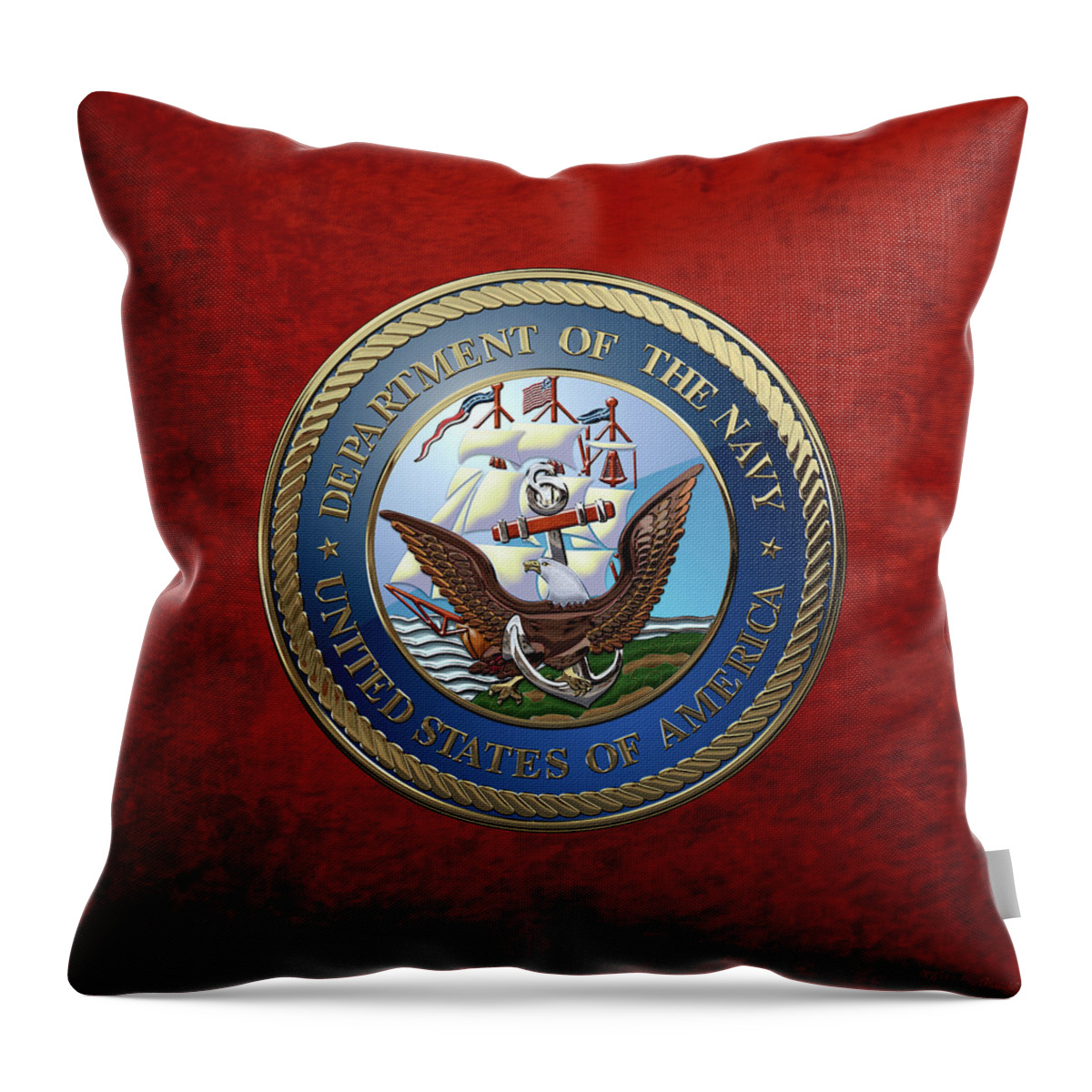 'military Insignia & Heraldry 3d' Collection By Serge Averbukh Throw Pillow featuring the digital art U. S. Navy - U S N Emblem over Red Velvet by Serge Averbukh