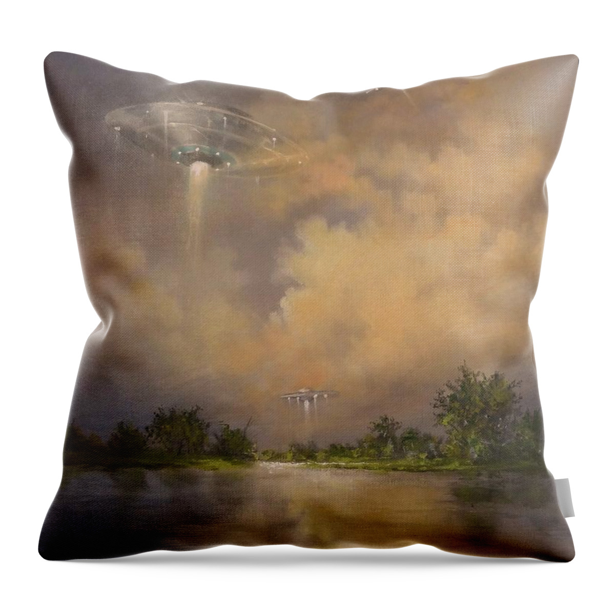 Ufo Throw Pillow featuring the painting UFOs Above the Lake by Tom Shropshire
