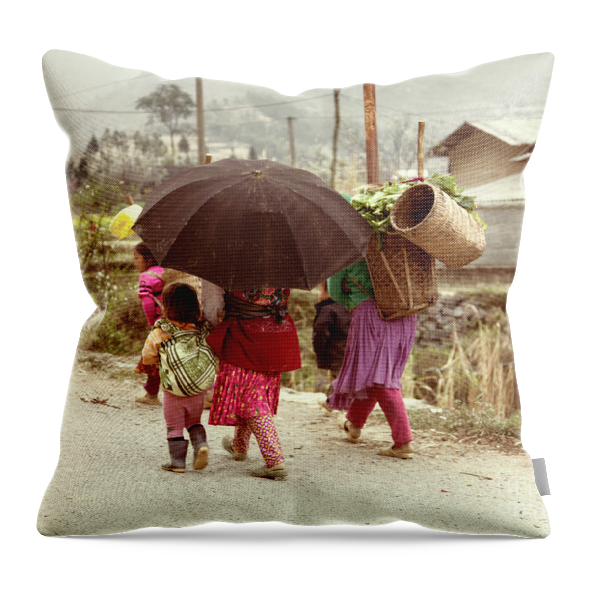 Vietnam Throw Pillow featuring the photograph Umbrella Children Vietnamese by Chuck Kuhn