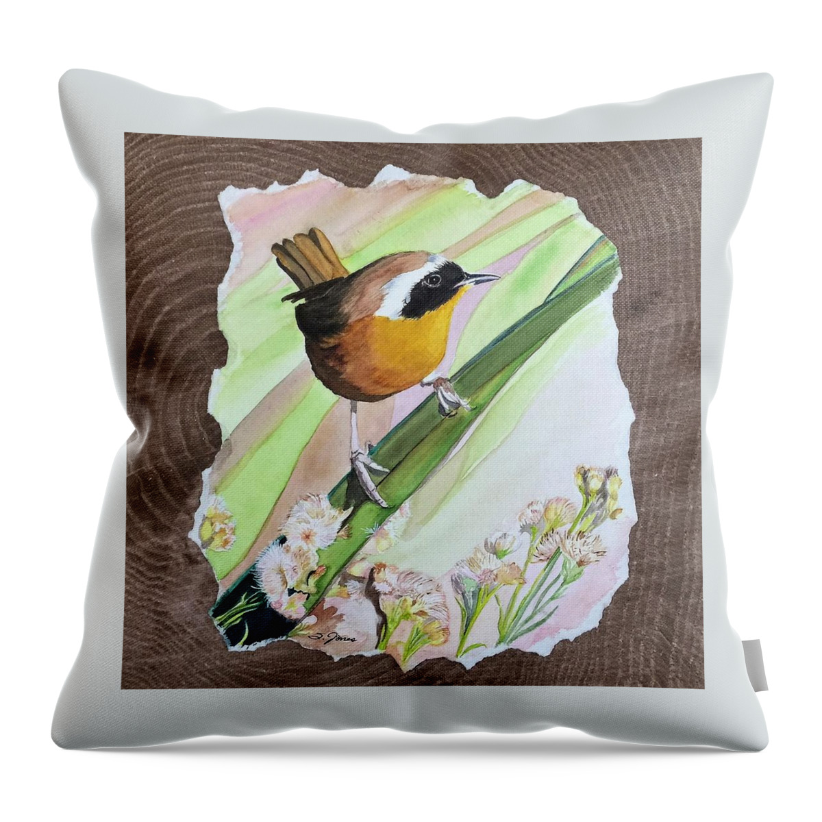 Common Yellow Throat Throw Pillow featuring the painting Uncommon Yellowthroat by Sonja Jones