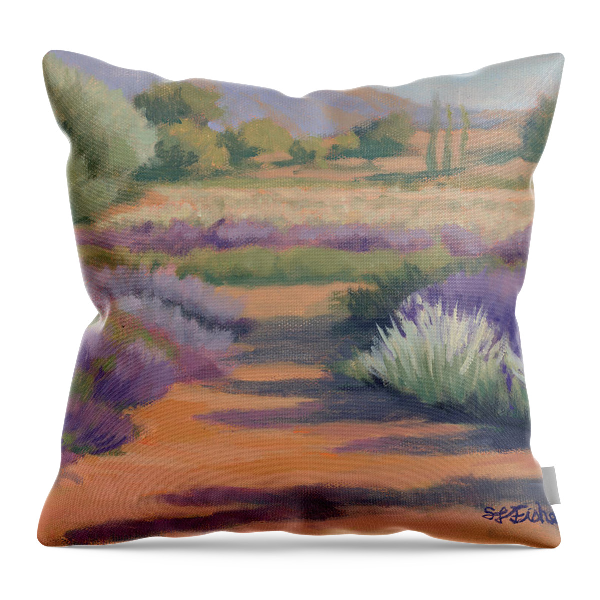 Lavender Fields Throw Pillow featuring the painting Under a Summer Sun in Lavender Fields by Sandy Fisher