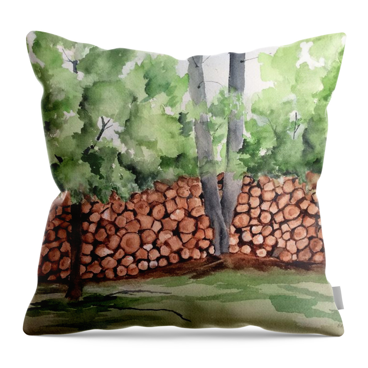 Logs Throw Pillow featuring the painting Under hill Rd. Woodpile by Ellen Canfield