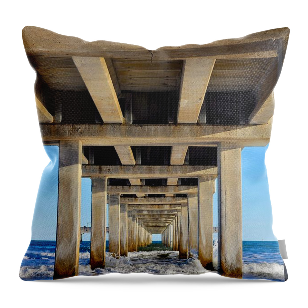 Beach Landscape Throw Pillow featuring the photograph Under The Pier by Kristina Deane