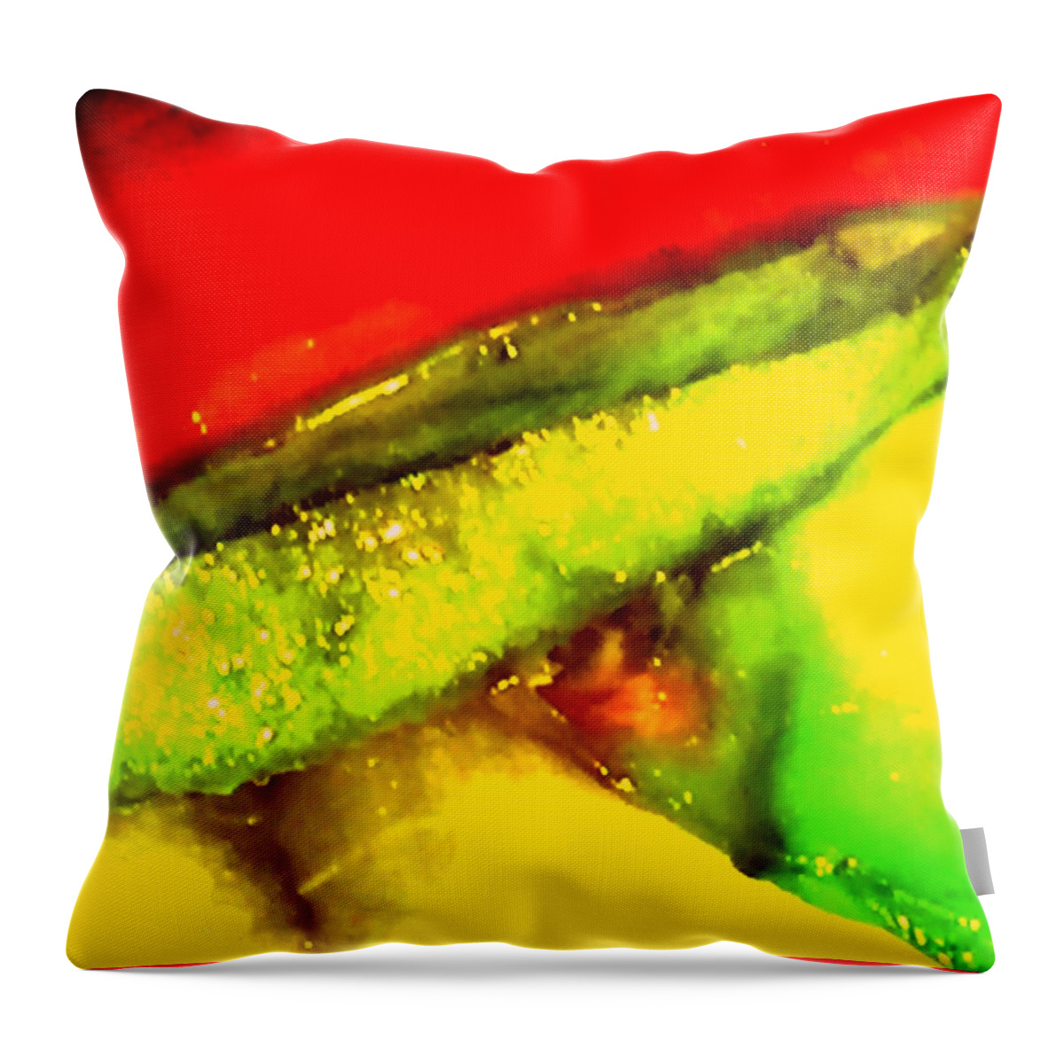 This Is A Photograh With A Sliced Apple In A Jar. Then Digitally Altered Turned Into Abstract Image That Looks More Like A Painting. Bright Colors Red Throw Pillow featuring the digital art Under The Scope by Gayle Price Thomas