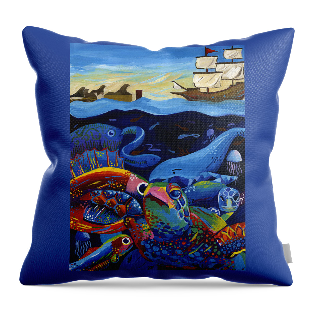 Underwater Water Ocean Species Boat Ship Sea Lion Dock Waves Eel Fish Turtle Jelly Throw Pillow featuring the painting Under the Sea by Alisha Yang 8th grade by California Coastal Commission