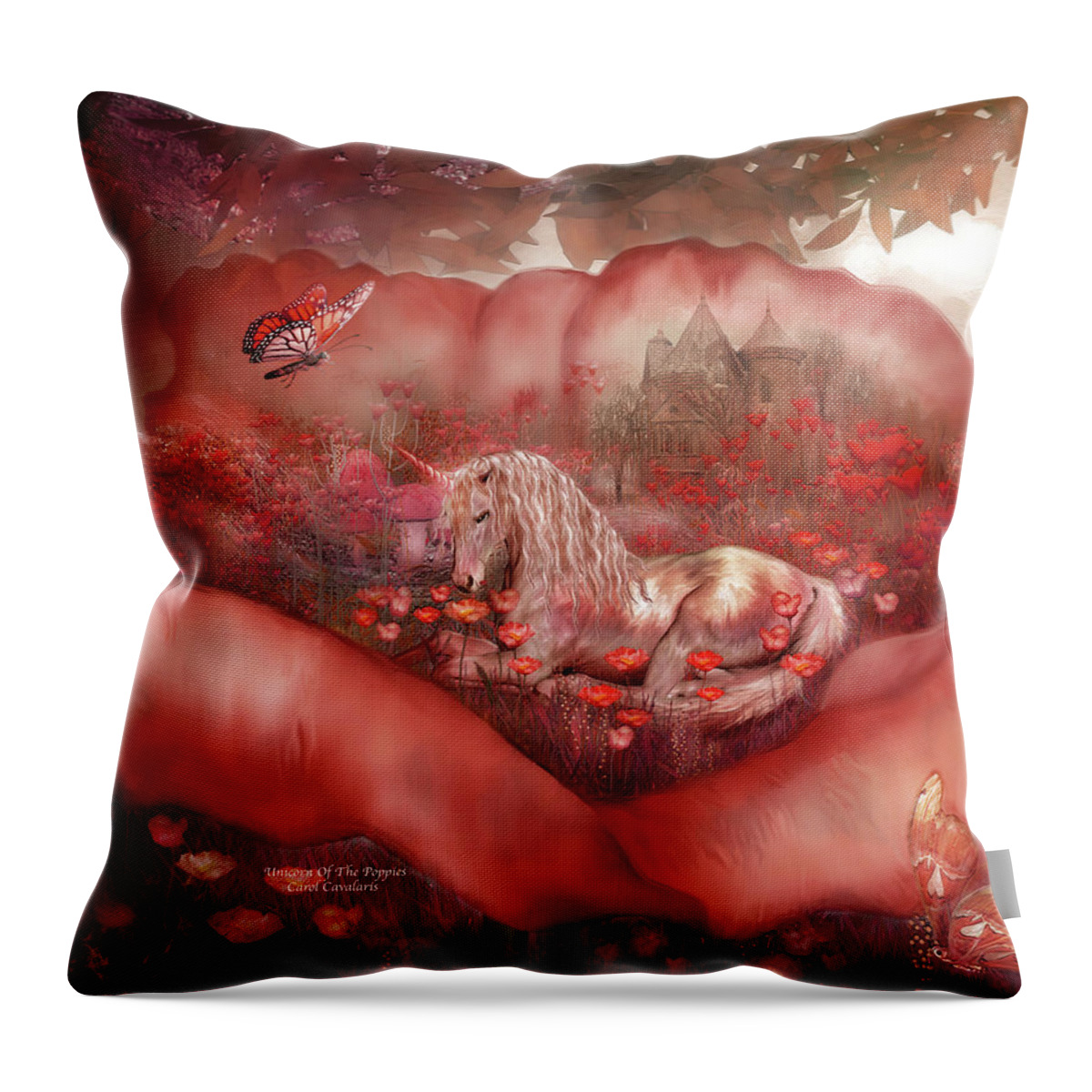 Unicorn Throw Pillow featuring the mixed media Unicorn Of The Poppies by Carol Cavalaris
