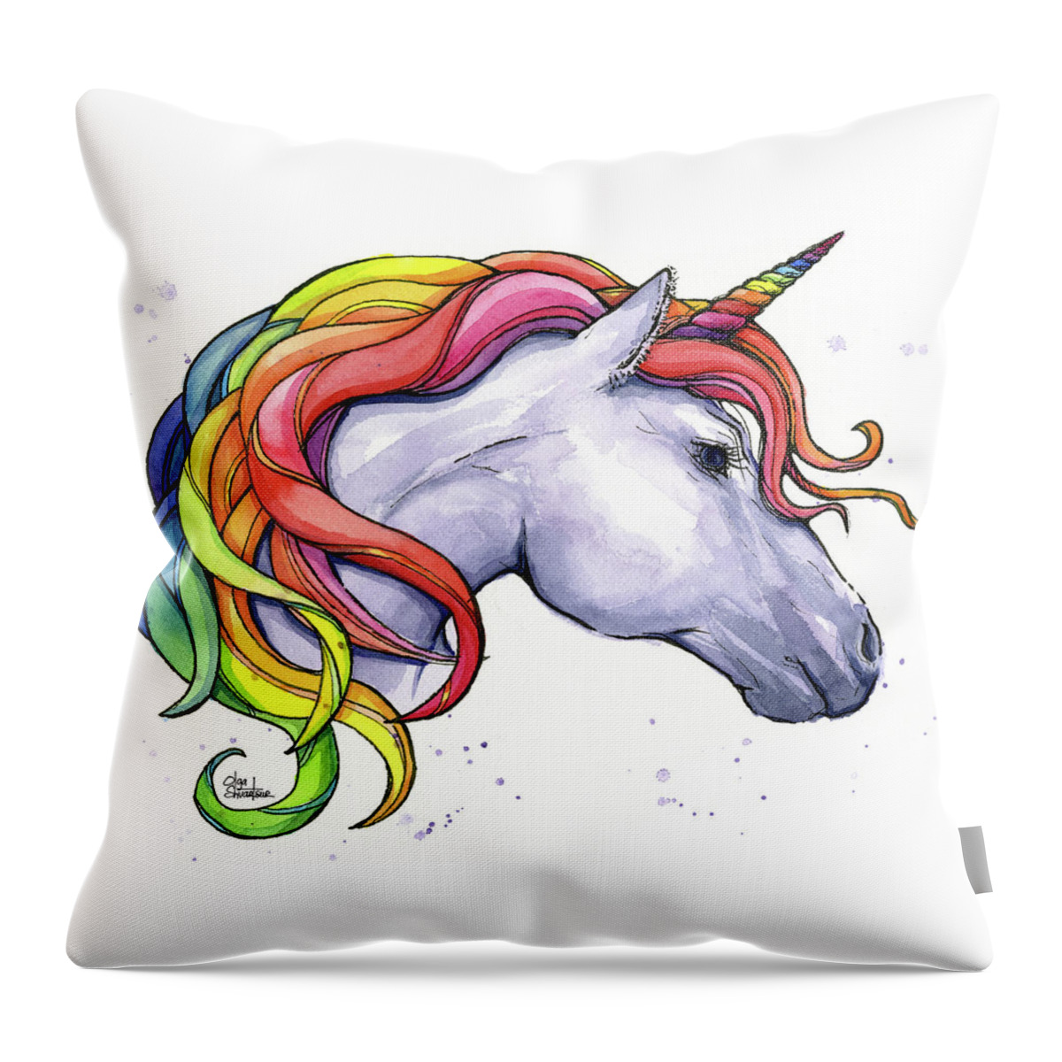 Unicorn Throw Pillow featuring the painting Unicorn With Rainbow Mane by Olga Shvartsur
