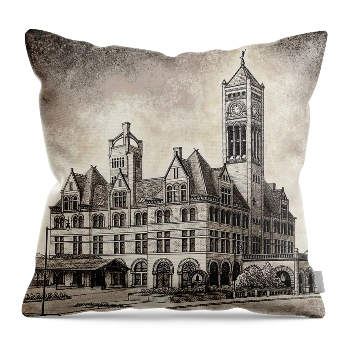 Union Station In Nashville Throw Pillow featuring the drawing Union Station mixed media by Janet King