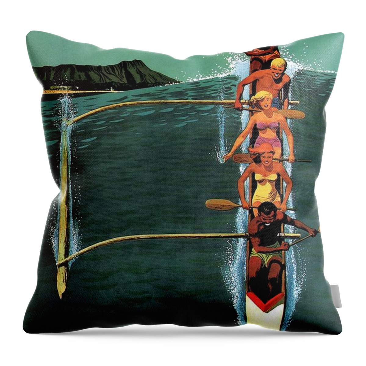 United Throw Pillow featuring the mixed media United Air Lines to Hawaii - Riding With Outrigger - Retro travel Poster - Vintage Poster by Studio Grafiikka