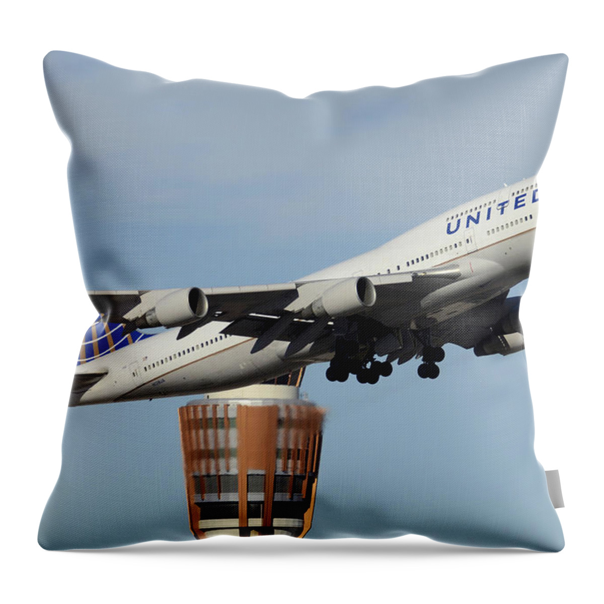 Airplane Throw Pillow featuring the photograph United Boeing 747-422 N128UA Phoenix Sky Harbor January 2 2015 by Brian Lockett
