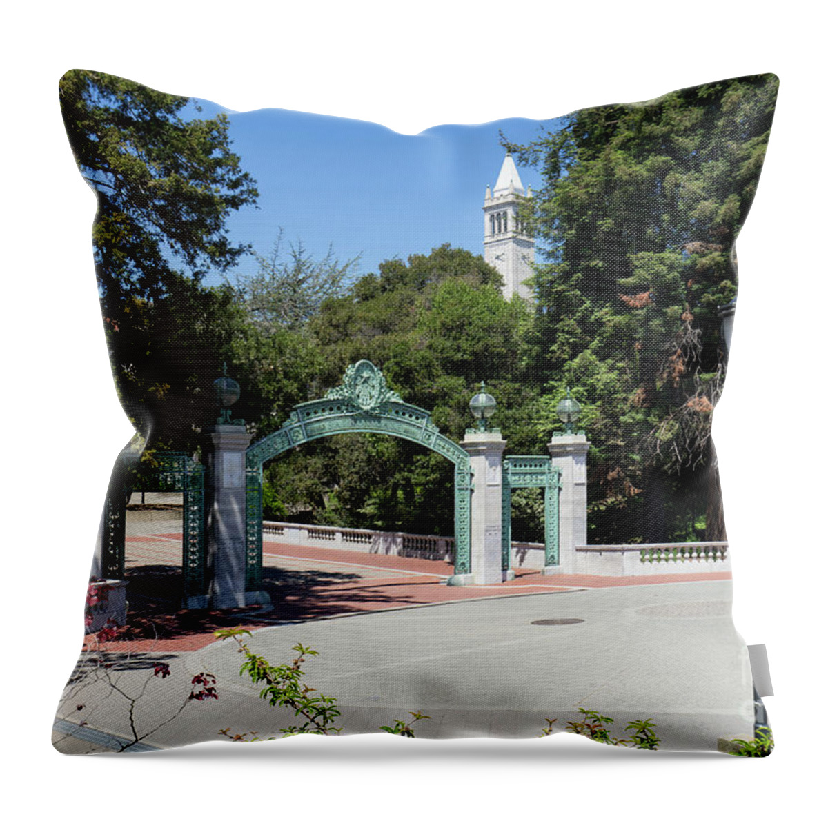 Wingsdomain Throw Pillow featuring the photograph University of California at Berkeley Sproul Plaza Sather Gate and Sather Tower Campanile DSC6261 by Wingsdomain Art and Photography