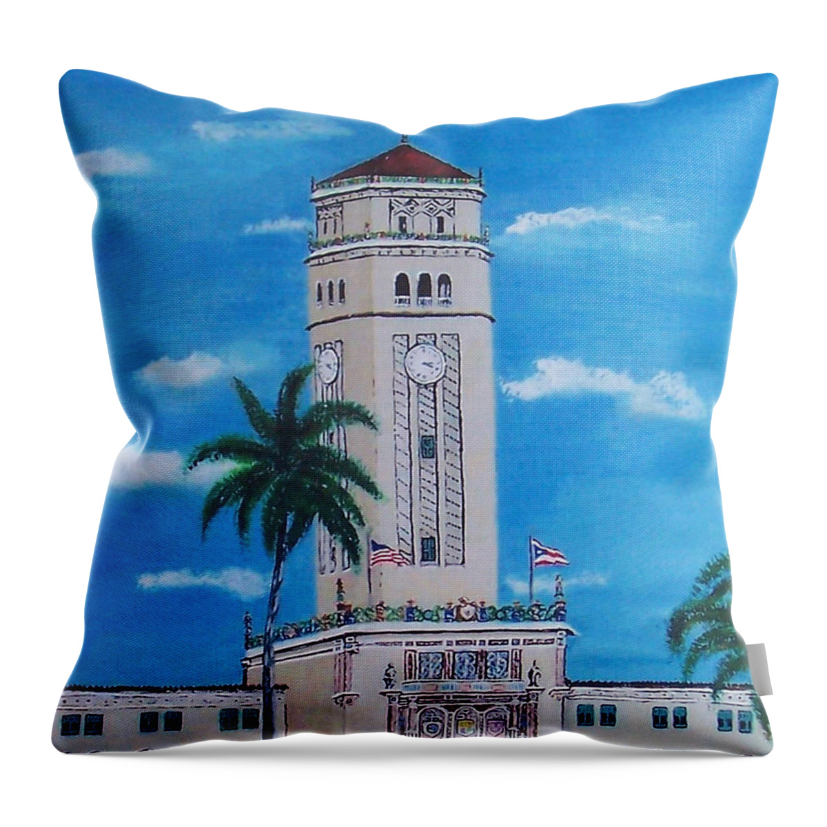 Rio Piedras Throw Pillow featuring the painting University of Puerto Rico Tower by Luis F Rodriguez